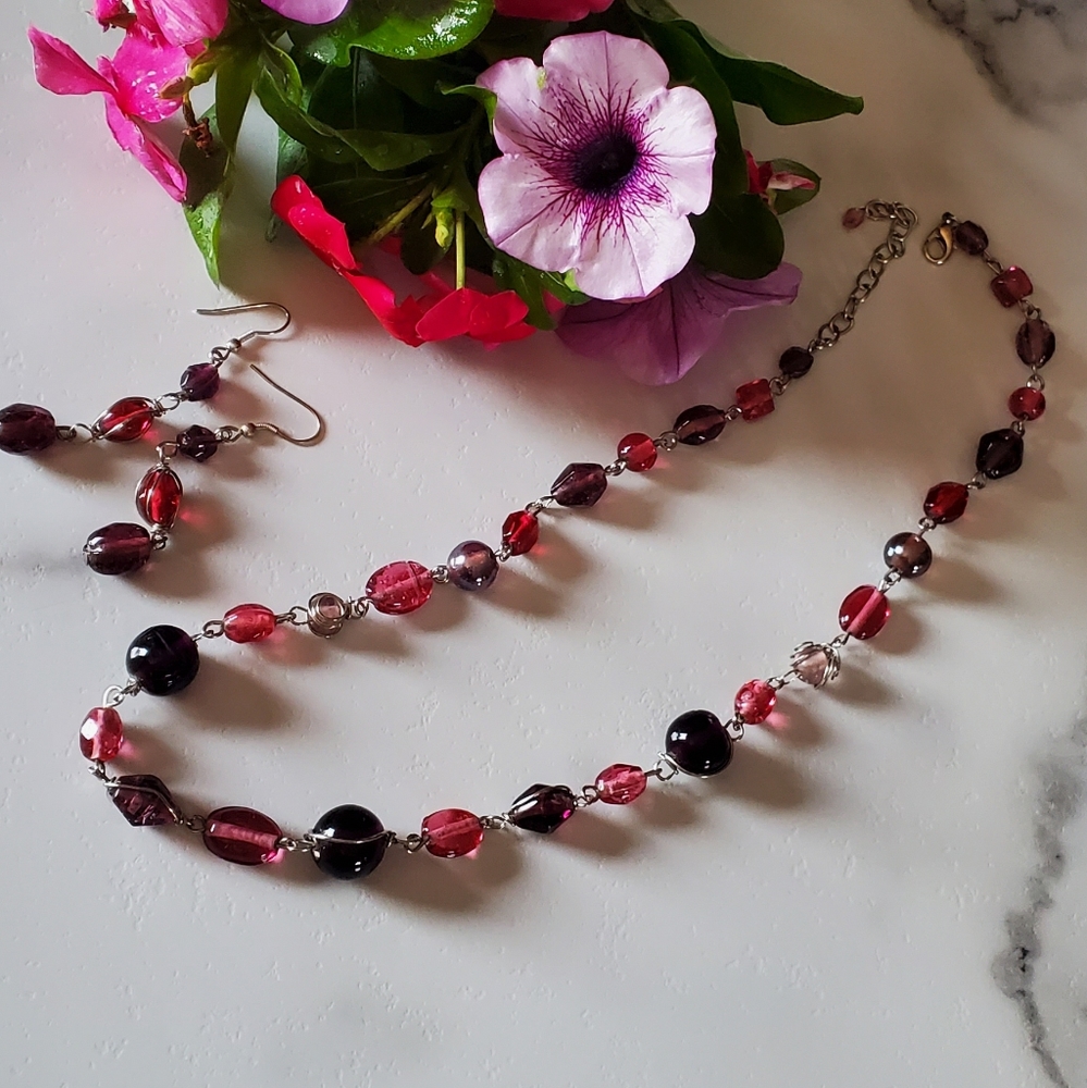 Pink & Purple Beaded Necklace & Earring Set